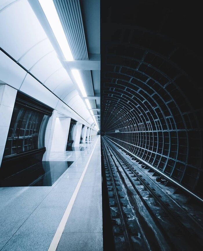 Савеловская. Фотография туннеля и платформы на контрасте