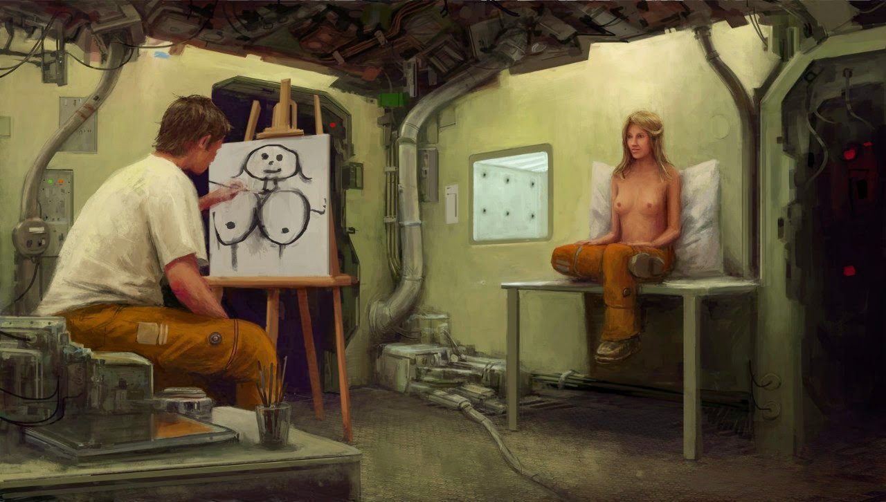 Парень рисует голую девушку