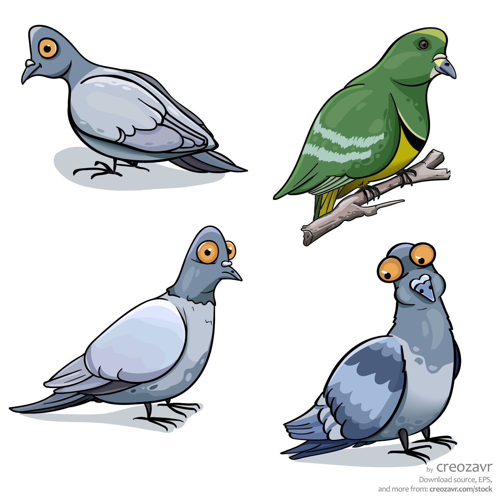 Набор векторных клипартов мультяшные голуби