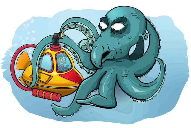 Octopus versus diver ih the bathyscaphe