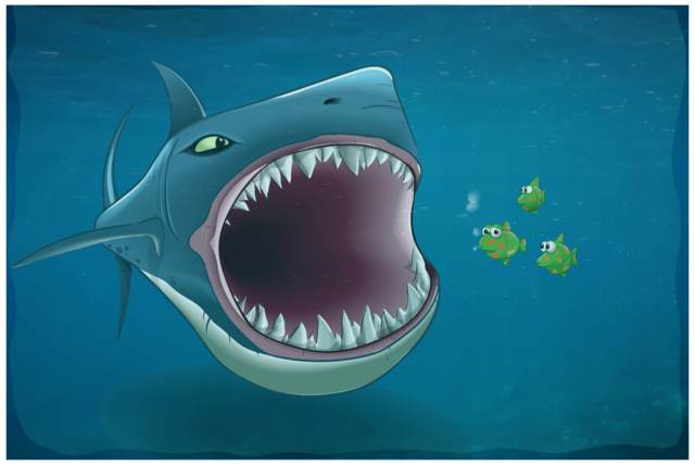 Underwater scene shark megalodon vs three fishes