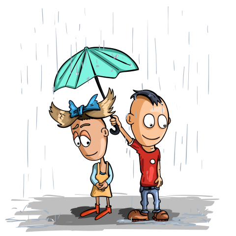 Мальчик и девочка под дождем