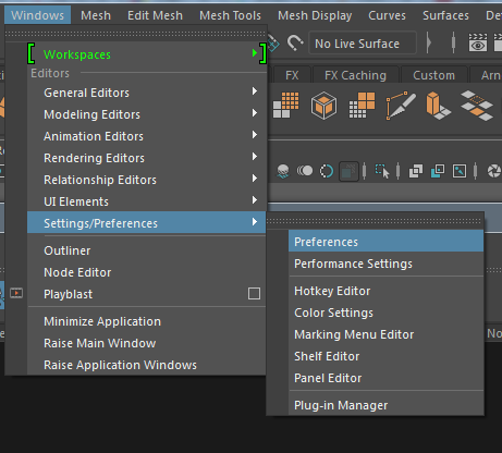 Panel editor. Edit-Color settings. Maya playblast settings. Elements Editor.